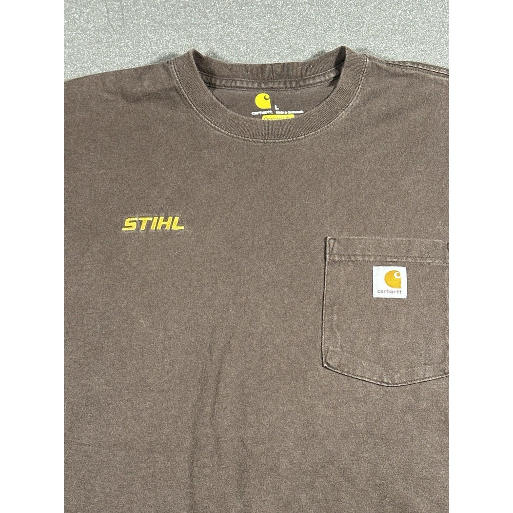 Vintage Men's Carhartt Original Fit Stihl Brown/Gold Large Blue Collar T Shirt